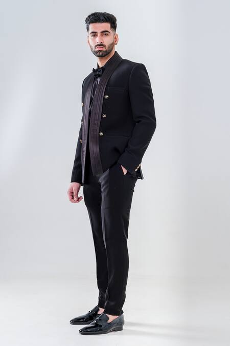 Amrit Dawani_Black Polyester Pleated Collar Tuxedo Trouser Set _Online_at_Aza_Fashions