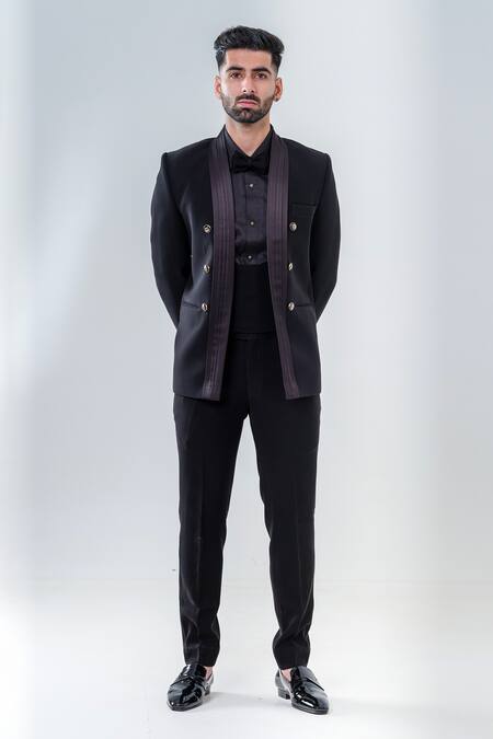 Buy_Amrit Dawani_Black Polyester Pleated Collar Tuxedo Trouser Set _Online_at_Aza_Fashions