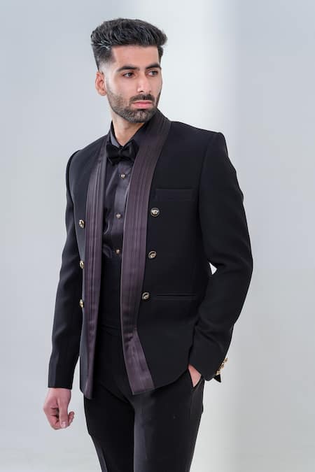 Shop_Amrit Dawani_Black Polyester Pleated Collar Tuxedo Trouser Set _Online_at_Aza_Fashions