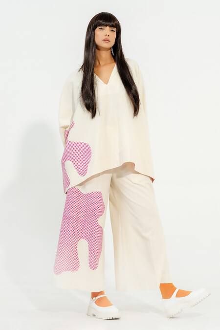 Stoique_Off White Cotton Patchwork Cypress Applique Work Flared Pant _at_Aza_Fashions