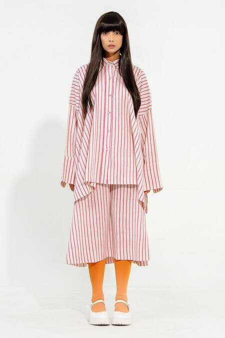 Stoique_Off White Cotton Collared Stripe Block Print Shirt _Online_at_Aza_Fashions
