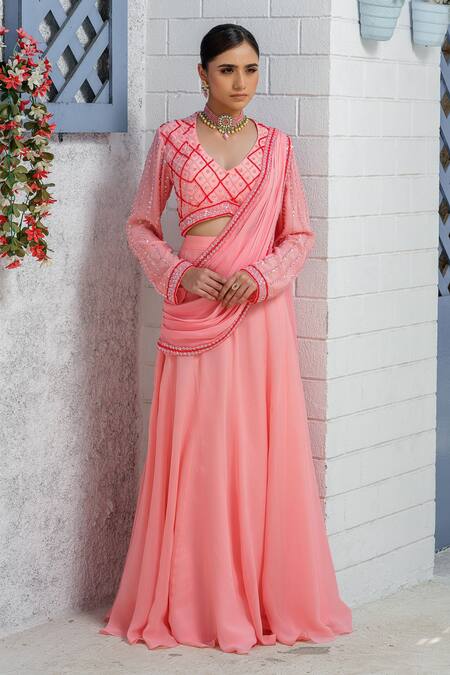 Shop_Tamaraa By Tahani_Pink Georgette Sequins, Beads, Crystals Lehenga Saree With Full Sleeve Blouse _Online_at_Aza_Fashions