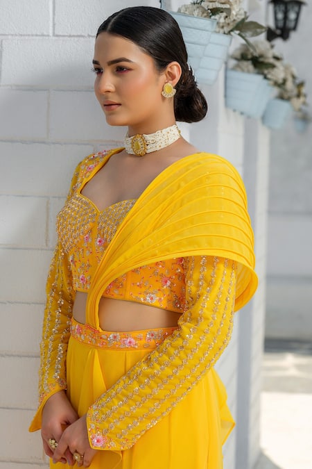 Buy_Tamaraa By Tahani_Yellow Georgette, Tulle Sequins, Beads, Lehenga Saree With Embroidered Blouse _Online_at_Aza_Fashions