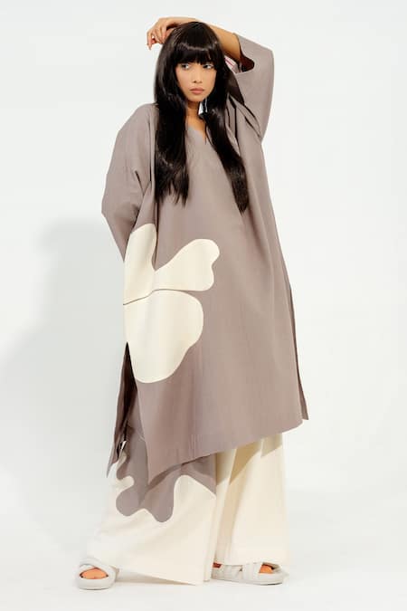 Shop_Stoique_Gray Cotton Matty Embroidery Floral V Neck Grey Tunic _Online_at_Aza_Fashions