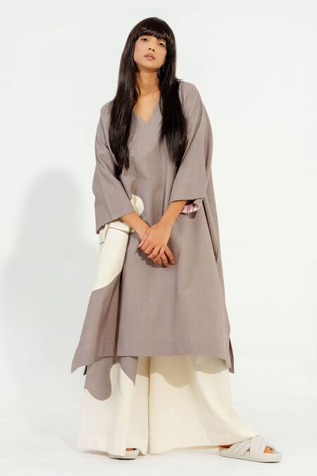 Stoique_Gray Cotton Matty Embroidery Floral V Neck Grey Tunic _at_Aza_Fashions