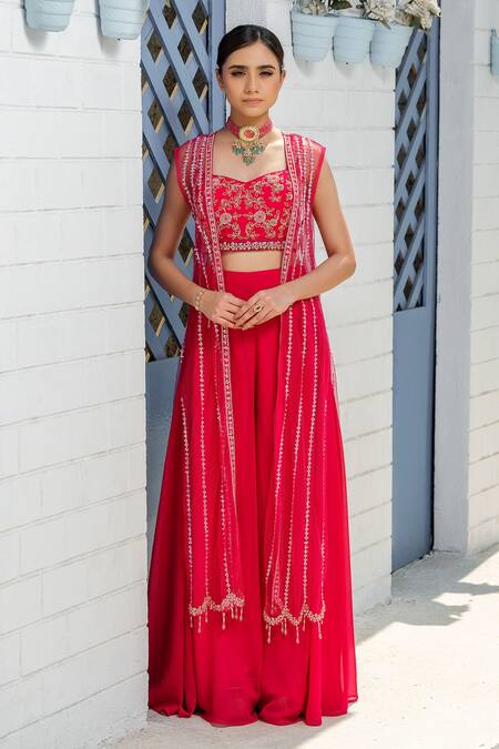 Tamaraa By Tahani_Pink Georgette Sequins Open Neck, Sweetheart Hot Embroidered Jacket And Pant Set _Online_at_Aza_Fashions