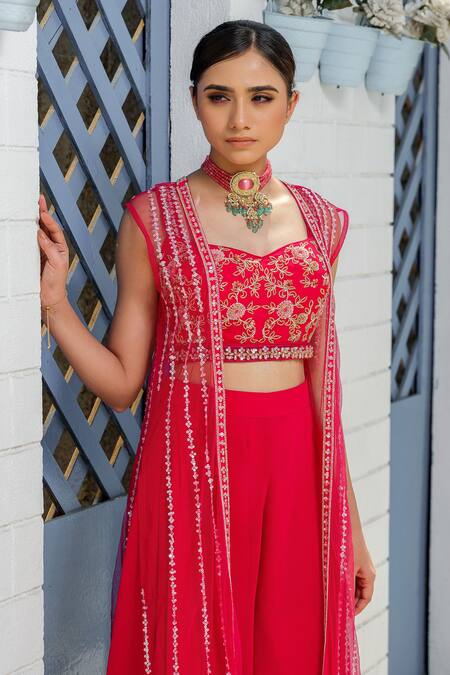 Buy_Tamaraa By Tahani_Pink Georgette Sequins Open Neck, Sweetheart Hot Embroidered Jacket And Pant Set _Online_at_Aza_Fashions