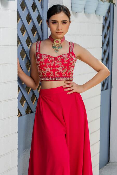 Shop_Tamaraa By Tahani_Pink Georgette Sequins Open Neck, Sweetheart Hot Embroidered Jacket And Pant Set _Online_at_Aza_Fashions