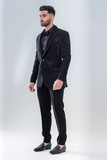 Amrit Dawani_Black Polyester Embroidery, Cut Work Dana Embellished Tuxedo Trouser Set _Online_at_Aza_Fashions
