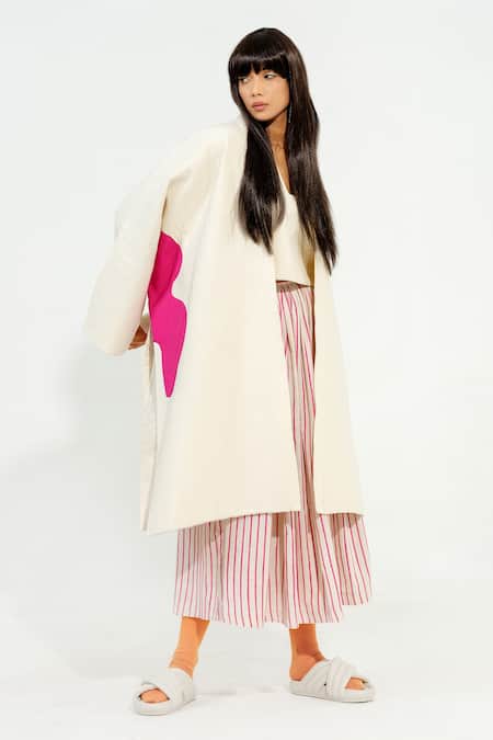 Shop_Stoique_Off White Cotton Embroidery Open Neck Shitake Quilted Pattern Jacket _Online_at_Aza_Fashions