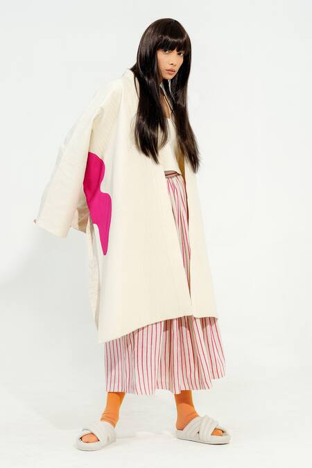 Stoique_Off White Cotton Embroidery Open Neck Shitake Quilted Pattern Jacket _at_Aza_Fashions