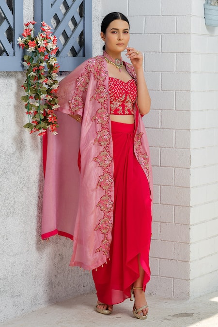 Tamaraa By Tahani_Pink Georgette, Tulle Crystals, Floral Embroidered Cape And Dhoti Skirt Set _Online_at_Aza_Fashions