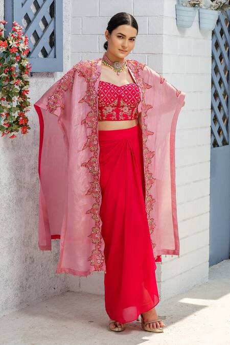 Buy_Tamaraa By Tahani_Pink Georgette, Tulle Crystals, Floral Embroidered Cape And Dhoti Skirt Set _Online_at_Aza_Fashions