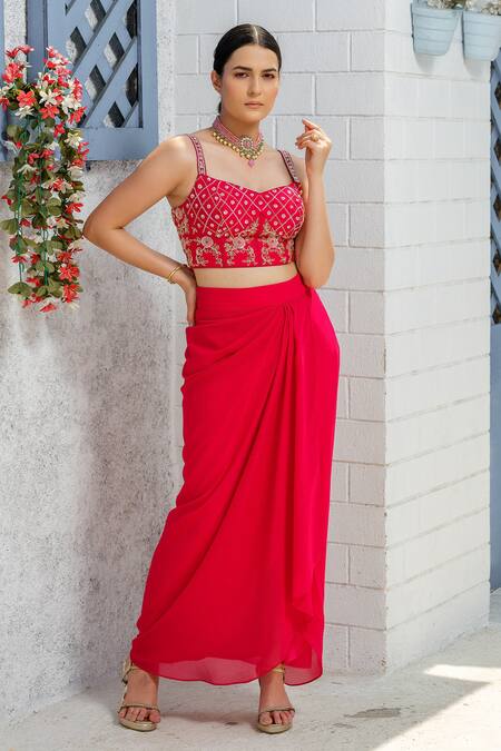 Shop_Tamaraa By Tahani_Pink Georgette, Tulle Crystals, Floral Embroidered Cape And Dhoti Skirt Set _Online_at_Aza_Fashions