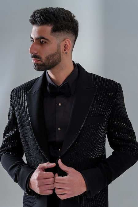 Shop_Amrit Dawani_Black Polyester Embroidery, Cut Work Dana Embellished Tuxedo Trouser Set _Online_at_Aza_Fashions