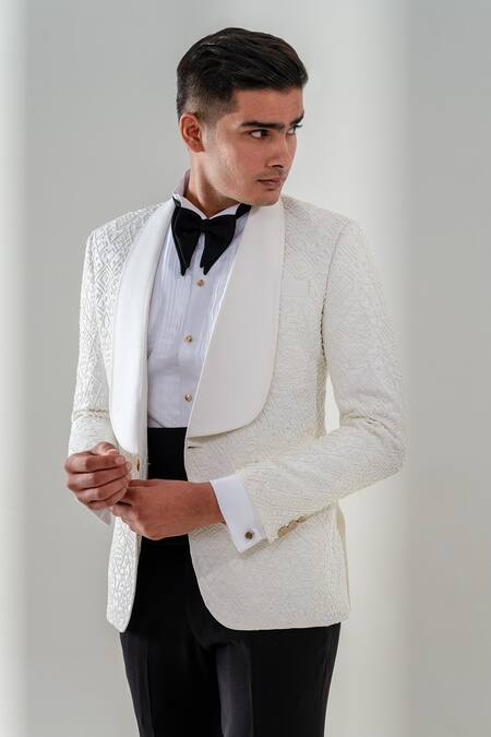 Amrit Dawani_White Polyester Beads Embellished Tuxedo Trouser Set _Online_at_Aza_Fashions