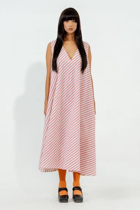 Buy_Stoique_Off White Cotton, Muslin Plunge Neck Soy Stripe Print Dress _Online_at_Aza_Fashions