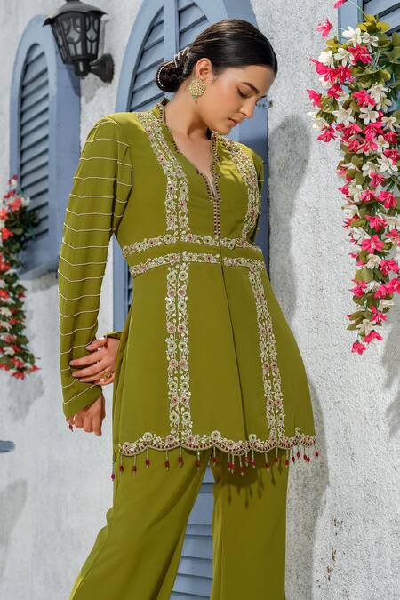 Buy_Tamaraa By Tahani_Green Georgette Embroidery Shawl Neck Jacket Kurta And Pant Set _Online_at_Aza_Fashions