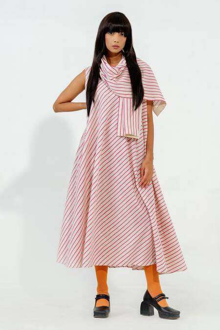 Shop_Stoique_Off White Cotton, Muslin Plunge Neck Soy Stripe Print Dress _Online_at_Aza_Fashions