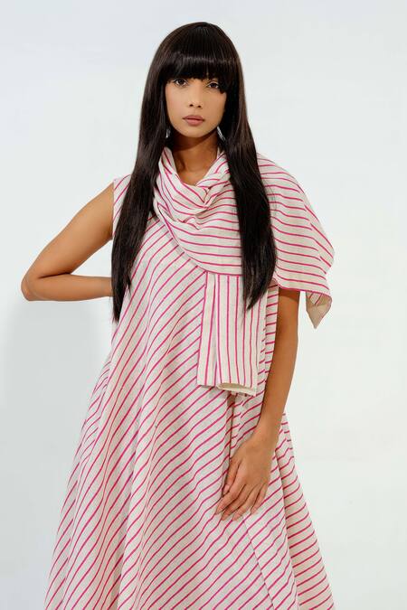 Stoique_Off White Cotton, Muslin Plunge Neck Soy Stripe Print Dress _at_Aza_Fashions