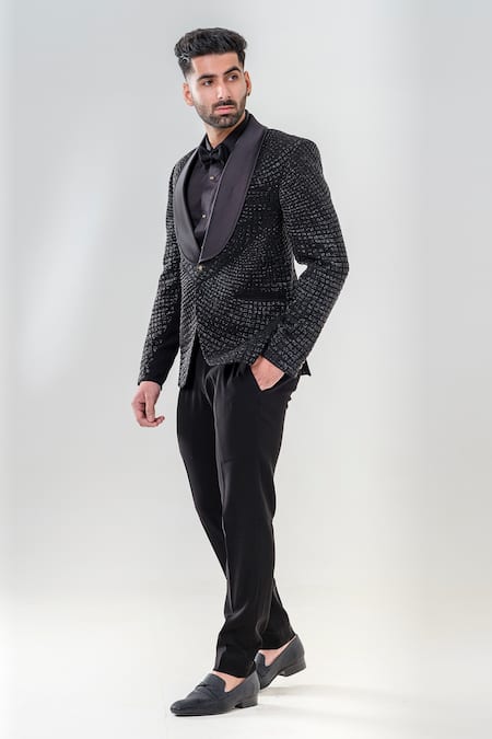 Amrit Dawani_Black Polyester Embroidery Cut Dana Embellished Tuxedo Set _Online_at_Aza_Fashions