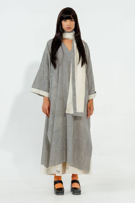 Stoique_Off White Cotton, Muslin Embroidery V-neck Polka Dot Woven Dress _Online_at_Aza_Fashions