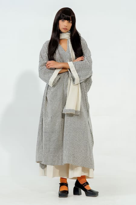 Shop_Stoique_Off White Cotton, Muslin Embroidery V-neck Polka Dot Woven Dress _Online_at_Aza_Fashions