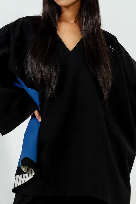 Buy Stoique Black Cotton Applique V-neck Cumin Work Top Online at Aza Fashions Buy_Stoique_Black Cotton Applique V-neck Cumin Work Top _Online_at_Aza_Fashions