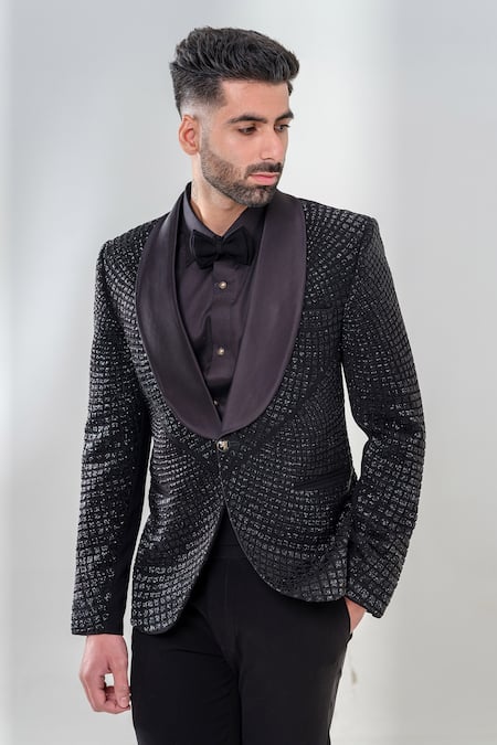 Shop_Amrit Dawani_Black Polyester Embroidery Cut Dana Embellished Tuxedo Set _Online_at_Aza_Fashions