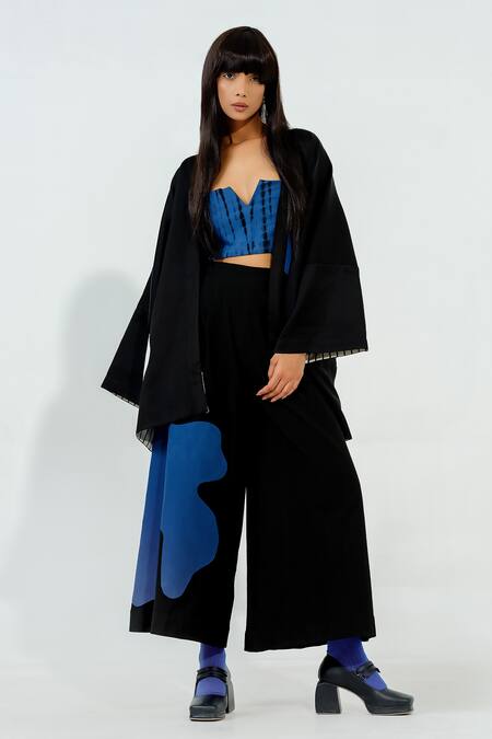 Stoique_Black Linen, Satin Applique Open Neck Chia Work Kimono Sleeve Jacket _Online_at_Aza_Fashions