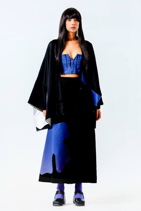 Buy_Stoique_Black Linen, Satin Applique Open Neck Chia Work Kimono Sleeve Jacket _Online_at_Aza_Fashions