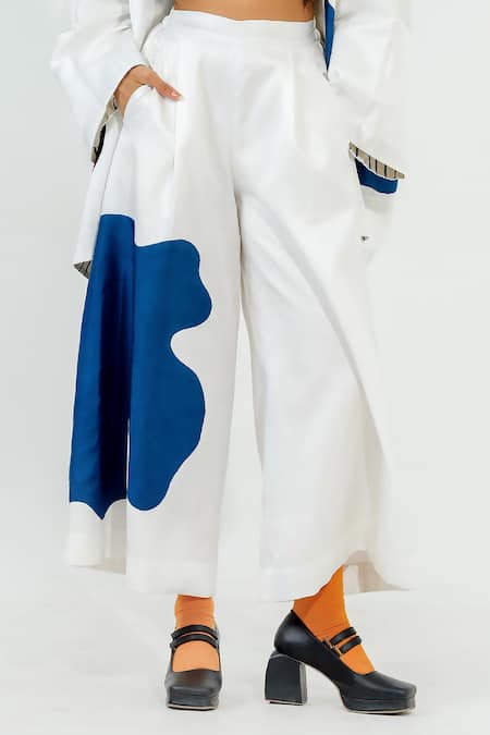 Stoique Off White Satin Linen Applique Chia Flared Pant Online at Aza Fashions Stoique_Off White Satin Linen Applique Chia Flared Pant _Online_at_Aza_Fashions