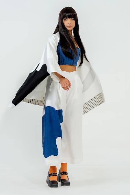 Stoique_Off White Satin Linen Applique Chia Flared Pant _at_Aza_Fashions