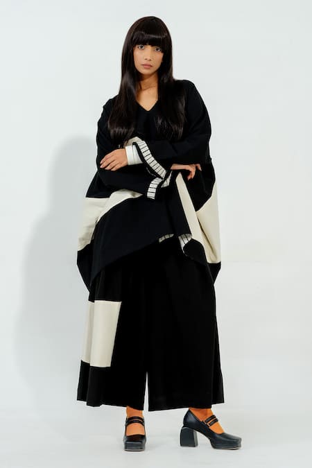 Shop_Stoique_Black Cotton Matty Embroidery Geometric Manuka Placement Pant _Online_at_Aza_Fashions