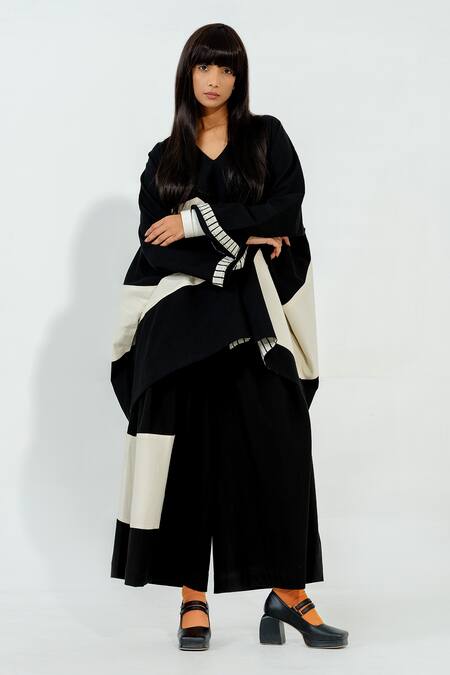 Stoique_Black Cotton Embroidery V-neck Manuka Placement Top _Online_at_Aza_Fashions