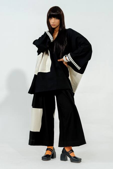 Stoique_Black Cotton Matty Embroidery Geometric Manuka Placement Pant _at_Aza_Fashions