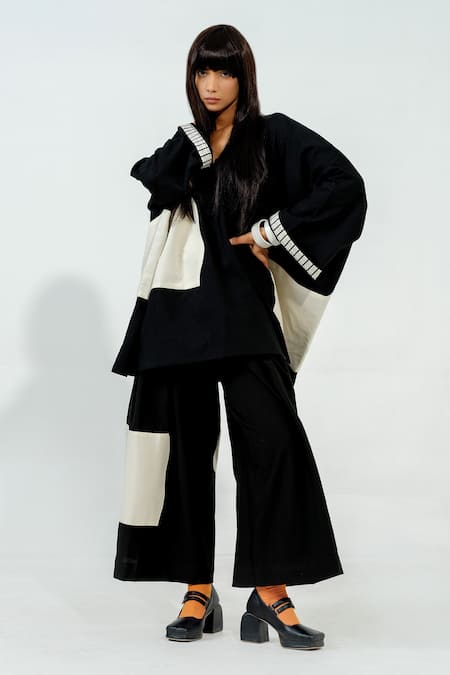 Shop_Stoique_Black Cotton Embroidery V-neck Manuka Placement Top _Online_at_Aza_Fashions