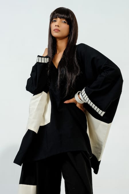 Stoique_Black Cotton Embroidery V-neck Manuka Placement Top _at_Aza_Fashions