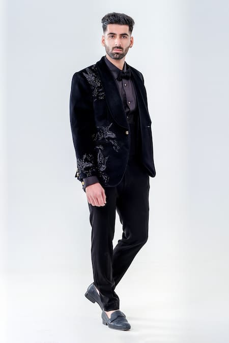 Amrit Dawani_Black Velvet, Cotton Embroidery Tuxedo Set _Online_at_Aza_Fashions