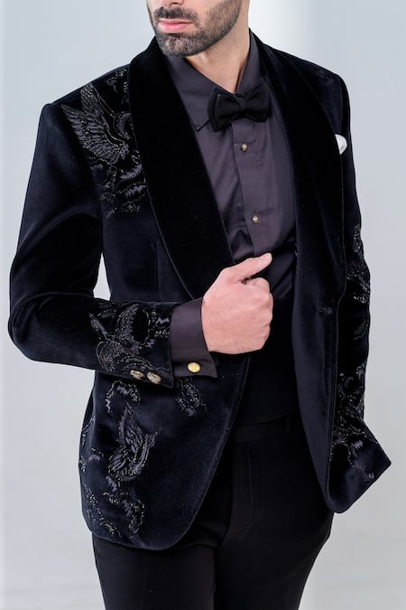 Buy_Amrit Dawani_Black Velvet, Cotton Embroidery Tuxedo Set _Online_at_Aza_Fashions