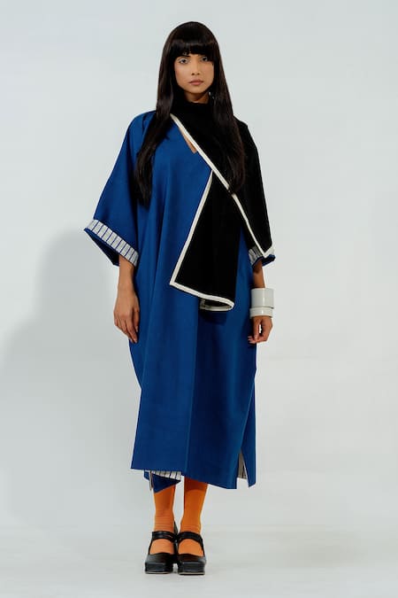 Stoique_Blue Cotton V-neck Jasmine V Dress _Online_at_Aza_Fashions