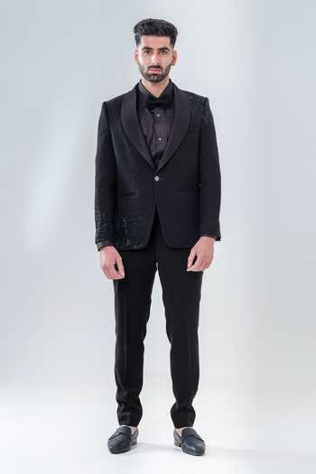 Amrit Dawani_Black Polyester Cut Work, Embroidery Floral Cutdana Tuxedo Set _Online_at_Aza_Fashions