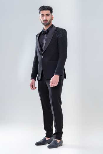 Buy_Amrit Dawani_Black Polyester Cut Work, Embroidery Floral Cutdana Tuxedo Set _Online_at_Aza_Fashions