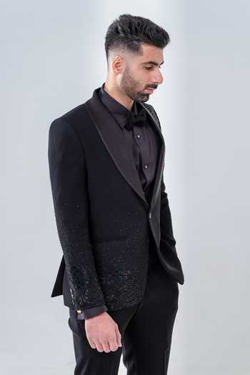 Shop_Amrit Dawani_Black Polyester Cut Work, Embroidery Floral Cutdana Tuxedo Set _Online_at_Aza_Fashions