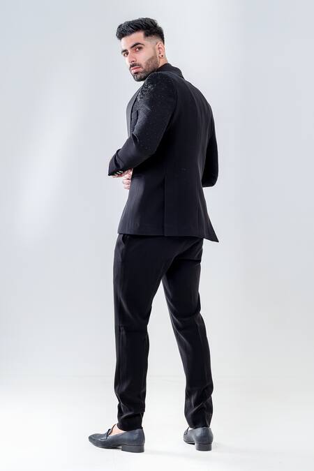 Shop_Amrit Dawani_Black Velvet, Cotton Embroidery Tuxedo Set _Online_at_Aza_Fashions