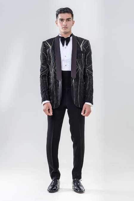 Amrit Dawani_Black Polyester Cut Work Stripe Pattern Tuxedo Set _Online_at_Aza_Fashions