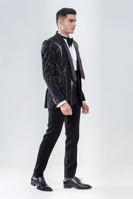 Buy_Amrit Dawani_Black Polyester Cut Work Stripe Pattern Tuxedo Set _Online_at_Aza_Fashions