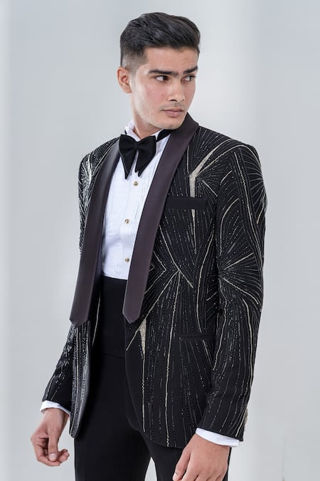 Shop_Amrit Dawani_Black Polyester Cut Work Stripe Pattern Tuxedo Set _Online_at_Aza_Fashions