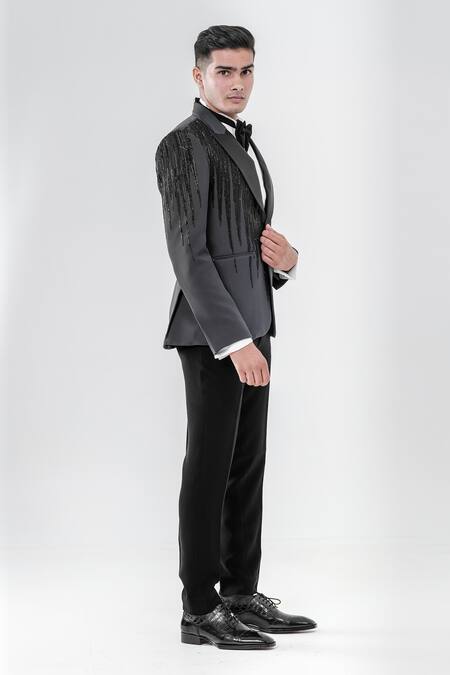 Amrit Dawani_Gray Polyester Cut Work Grey Cutdana Embroidered Tuxedo Set _Online_at_Aza_Fashions