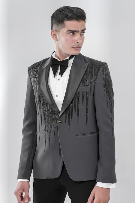 Shop_Amrit Dawani_Gray Polyester Cut Work Grey Cutdana Embroidered Tuxedo Set _Online_at_Aza_Fashions